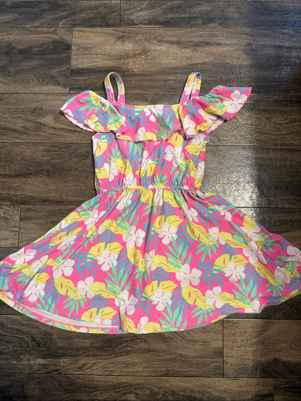 Girls Pink Tropical Floral Off-Shoulder Sundress with Straps